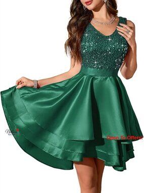 Sequin and Satin High Low Formal Dress with V-Neck for Prom
